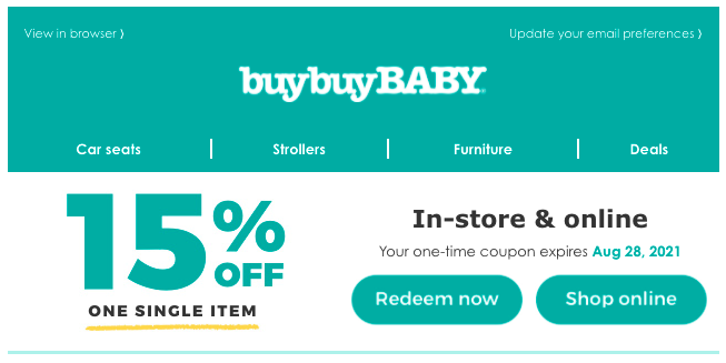 Picture showing a buybuy Baby 15% off coupon.